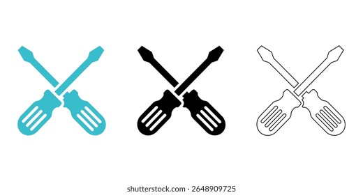 Vector art of three variations of crossed screwdrivers icon isolated on white background