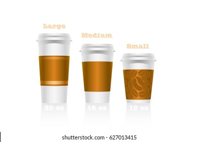 Vector art of three white paper coffee cups for business advertisement, menus, banners with volume measures and annotations. Content elements are set in groups.