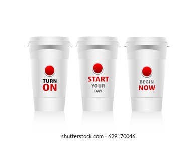 Vector art of three white paper coffee cups with fancy slogans for business advertisement, menus, banners. Content elements are set in groups.