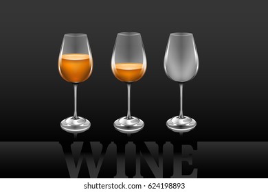 Vector art of three wine glasses on a black background. Vector objects are set in groups.