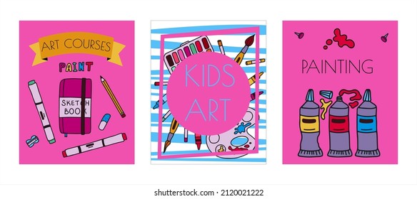 Vector art tools sketch banners. Cards hand drawn vector artist s supplies. Doodle graphic tablet, markers and paints. Art background