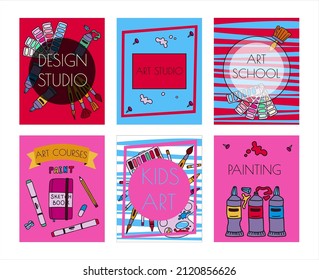 Vector art tools sketch banners. Cards hand drawn vector artist s supplies. Doodle graphic tablet, markers and paints. Art background