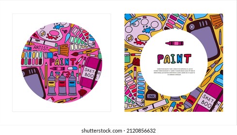 Vektorkunstwerkzeuge skizzieren Banner. Karten handgezeichnete Vektorgrafik-Künstlervorräte. Doodle-Tablette, Marker und Farben. Kunsthintergrund