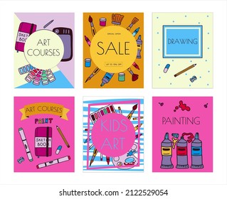 Vector art tools sketch banners. Cards hand drawn vector artist s supplies. Doodle graphic tablet, markers and paints. Art background