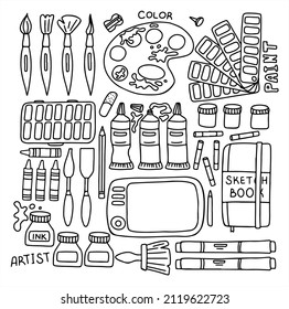 Vector art tools sketch. set hand drawn vector artist s supplies. Doodle graphic tablet, markers and paints. Art background