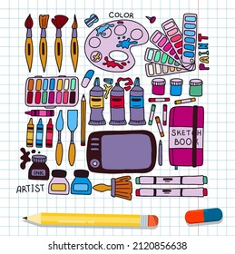 Vector art tools sketch. set hand drawn vector artist s supplies. Doodle graphic tablet, markers and paints. Art background