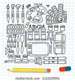Vector art tools sketch. set hand drawn vector artist s supplies. Doodle graphic tablet, markers and paints. Art background