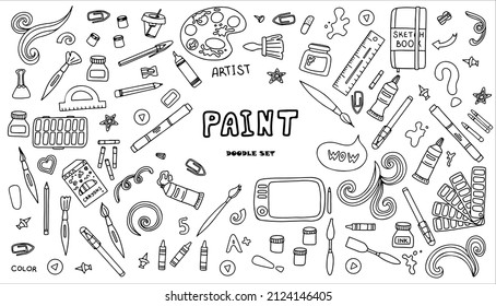 Vector Art Tools Sketch. Set Hand Drawn Vector Artist S Supplies. Doodle Graphic Tablet, Markers And Paints. Art Background