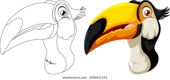 Vector art of a toucan, both colored and line art.