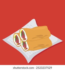 Vector art of traditional Indonesian snack Croquette, golden brown, filled with vegetables, chicken, served with chili sauce. for food blogs, culinary sites, or promotion of Indonesian culture