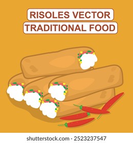 Vector art of traditional Indonesian snack Croquette, golden brown, filled with vegetables, chicken, served with chili sauce. for food blogs, culinary sites, or promotion of Indonesian culture