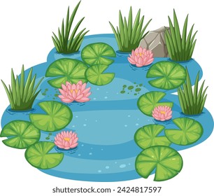 Vector art of a tranquil pond with lily pads