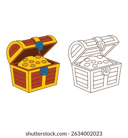 Vector art of Treasure chest with gold coins isolated on white background in color and black and white