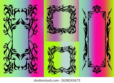 Vector art with tribal tattoo hearts and frames over bright pink and yellow gradients. The illustration uses the Y2K tribal revival style, one of the most popular digital trends of 2025.