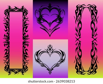 Vector art with tribal tattoo hearts and frames over bright pink and yellow gradients. The illustration uses the Y2K tribal revival style, one of the most popular digital trends of 2025.