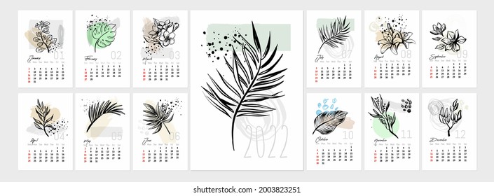 Vector art tropical flower Calendar 2022 year. Leaf tropic on geometric shapes background. 