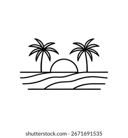 Vector art of tropical sunset with palm trees over the ocean waves