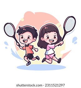 Vector art of two children playing tennis together