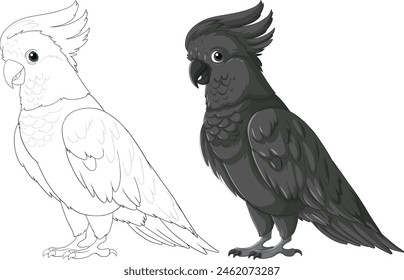 Vector art of two cockatoos, one shaded, one outlined