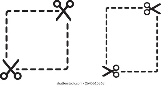 Arte vetorial de dois quadros tracejados com tesoura isolada no plano de fundo branco