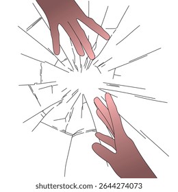 Vector art of two hands trying to connect across broken glass. Symbolizes broken connection, emotional distance, or reaching through barriers on transparent background
