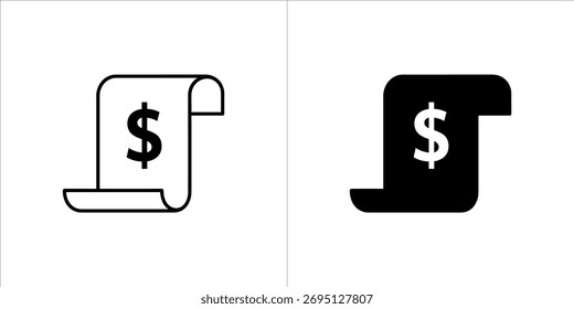 Vector art of two icons of a bill with a dollar sign, one outlined and one solid black