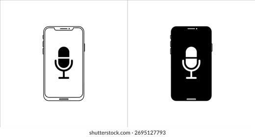 Vector art of two icons of a microphone on a smartphone screen, one in black and white