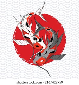 Vector Art of Two Koi Carp Fishes on Painted Red Circle Illustration. Designs for T-shirts, Tattoos, Stickers, Gaming Logos or Posters