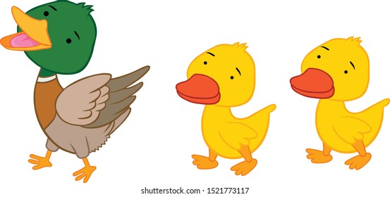 Vector art of two little duck walking with there mother duck.