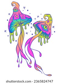 Vector de dos hongos psicodélicos con gradientes y efectos de neón UV. Setas Psicodélicas Mágicas. Hongos decorativos, hippie, alucinaciones, psilocybin. 60, 70. Impresión de arte esotétrico