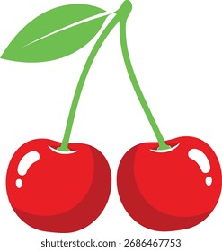 Arte vectorial de dos cerezas rojas con tallo verde y hoja