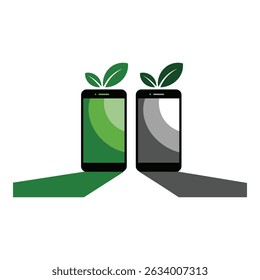 Vector art of Two smartphones with green leaves representing eco friendly technology isolated on white background