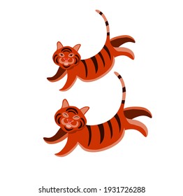 Vector art. Two Tigers with open and closed eyes jumping.