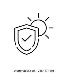 Arte vectorial de la protección UV. escudo que protege de los rayos solares icono de línea. icono de línea de protección UV. Ilustración vectorial 