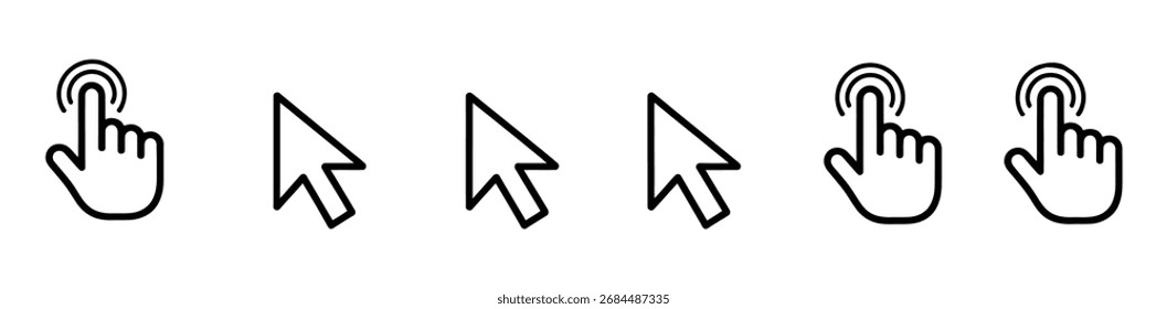 Arte vetorial de vários cursores e ponteiros de mouse de computador, incluindo cursores de seta e cursores manuais, para clicar e selecionar itens em um ambiente digital isolado no fundo branco