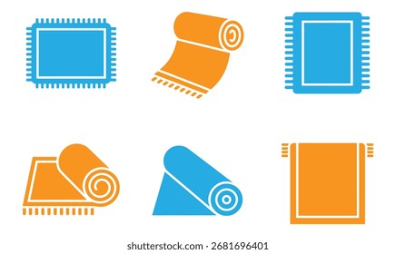 Vektorkunst einer lebendigen Sammlung von Teppichen, die verschiedene Designs und Farben präsentiert, von gerollten Matten bis hin zu rechteckigen Teppichen, perfekt, um jedem Innenraum Wärme und Stil hinzuzufügen