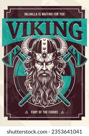 Vector art of viking warrior with long hair and beard weared in a horned helmet. Crossed axes and circle shield behind. Typographic print design.