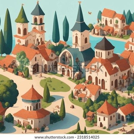 vector art village inspired by a specific cultural heritage, incorporating unique architectural elements, traditional motifs, and local landmarks. (2)