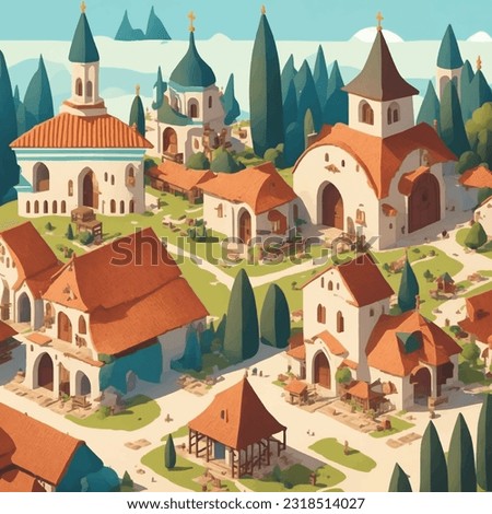 vector art village inspired by a specific cultural heritage, incorporating unique architectural elements, traditional motifs, and local landmarks. (2)