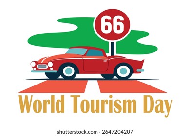 Vector art of a vintage convertible cruising past iconic road signs like Route 66 and Iceland Ring Road. Retro postcard style on white background, perfect for travel, nostalgia, and adventure themes.