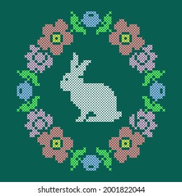 vector art vintage cross stitch bunny and flowers