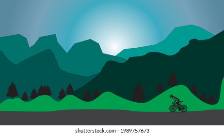 vector art wallpaper of a cyclist cycling in a beautiful area with mountains and green trees. Bicycle protects the environment. 