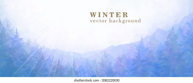 Vector art watercolor Christmas background with blue sky, sunbeams and winter forest. Hand drawn vector texture. Brushstrokes. Template for cards, flyer, poster, banner. Merry Christmas! Winter.