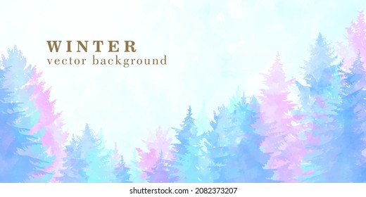 Vector art watercolor Christmas background with blue sky, sunbeams and winter forest. Hand drawn vector texture. Brushstrokes. Winter template for cards, flyer, poster, banner. Merry Christmas!