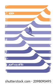 Vector art of waves formed by curved stripes with surfer silhouette.