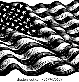 Vector art of waving american flag in a detailed black and white illustration