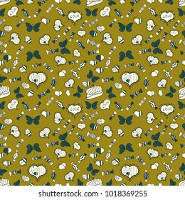 Vector. Art for web, textile, fabric. Seamless love pattern with cute lettering calligraphy text and hearts, envelopes. Hand drawn illustration in cartoon style. Graphic on green, neutral, blue colors