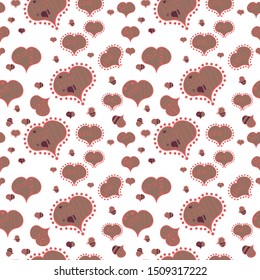 Vector. Art for web, textile, fabric. Seamless love pattern with cute lettering calligraphy text and hearts, envelopes. Graphic on beige, white, pink colors. Hand drawn illustration in cartoon style.