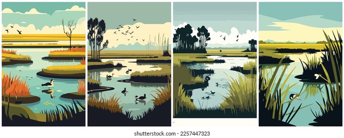Vector Art of Wetlands Cartoon Vector . Template of Illustration Graphic Modern Pop Art Poster and Cover of Sticker and Collage Cartoon Watermark Abstract Vector