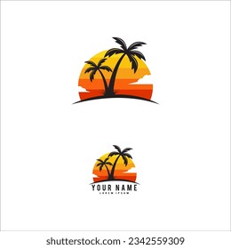 vector art in white background logo sun and palm tree scenery  